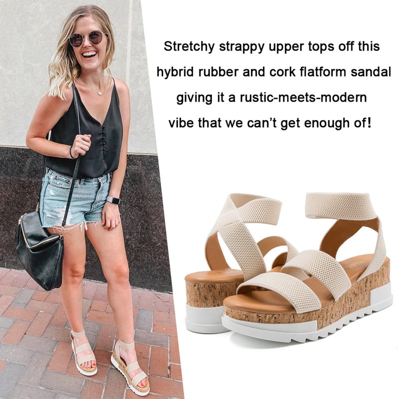 Athlefit Women's Casual Cork Platform Wedge Sandals Open Toe Elastic Ankle Strap Flatform Sandals for Summer, Beige, Size 11, AD00102 - Image 2